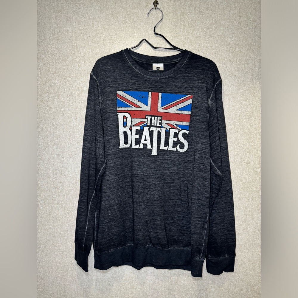 The Beatles British Flag Long Sleeve Crew Neck Gray Sweatshirt Size L
